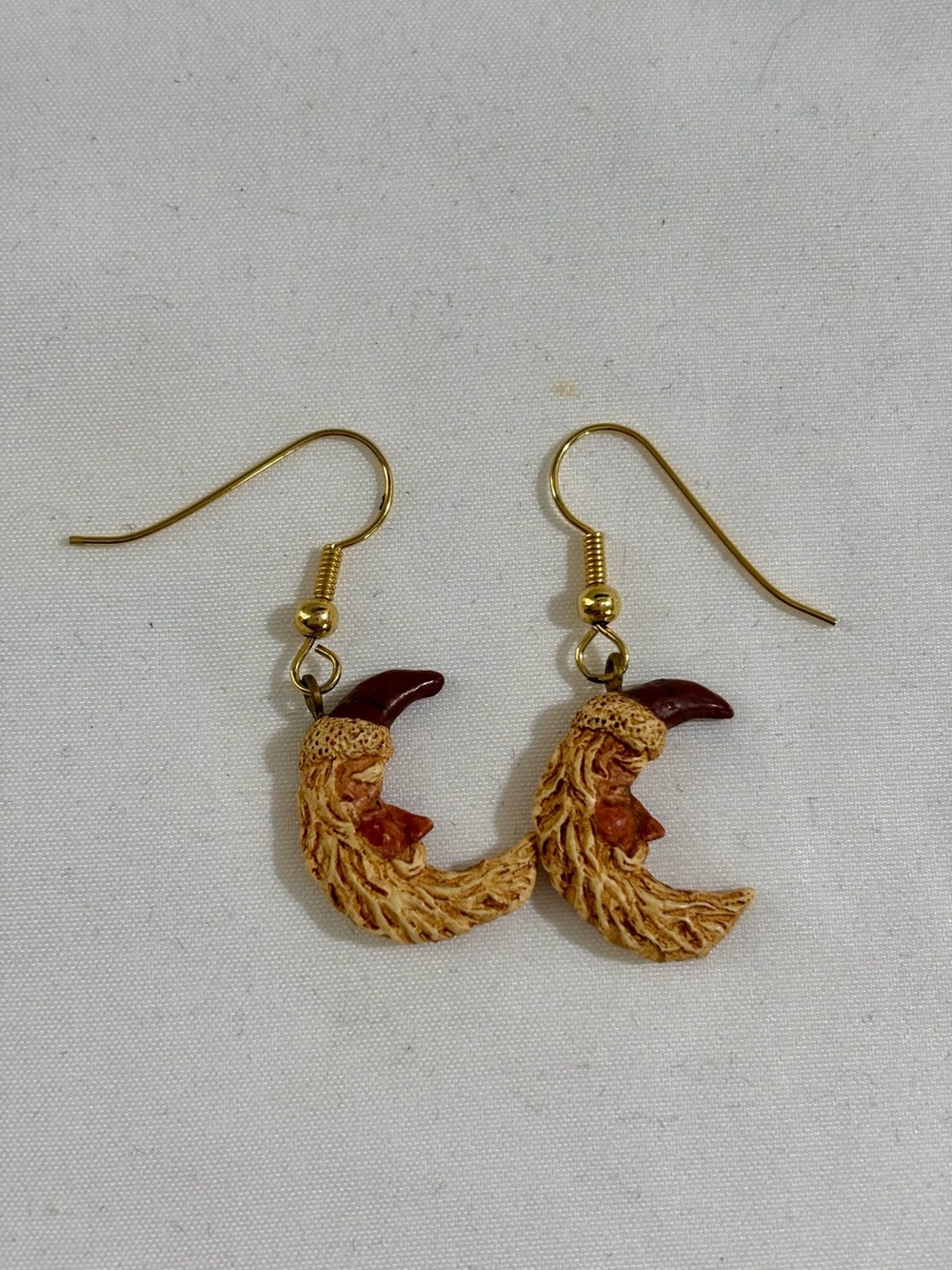 Vintage Handcrafted Crescent Moon Face Earrings in Brown and Gold